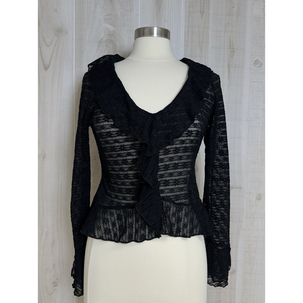 Y2K Lace Ruffle Deep V Neck Black Romantic Whimsy Goth Top Sheer Ruffle Sleeve L